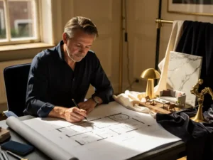 Interieurontwerper schetst plattegronden aan tekentafel naast miniatuur kamer met stoffen, marmerstaal en messing lamp in Den Haag-studio.