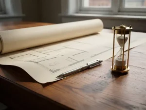 Opgerolde plattegrond op eikenhouten tekentafel met mechanisch potlood en messing zandloper in zacht natuurlijk daglicht.