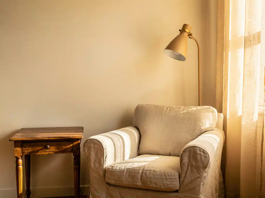 Vintage houten bijzettafel met linnen fauteuil en vloerlamp in terracotta woonkamer, warm middaglicht door sheer gordijnen.