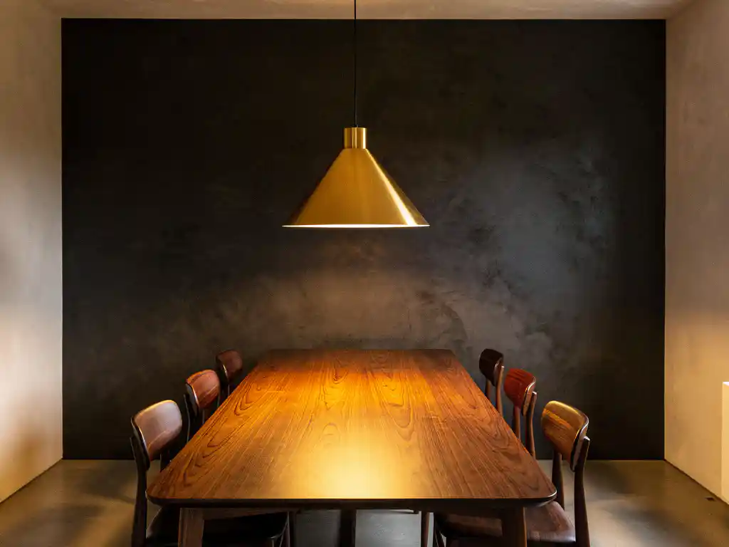Elegante hanglamp met warme gouden lichtkegel boven minimalistisch eiken eettafel in Nederlands interieur met matte pleisterwanden.