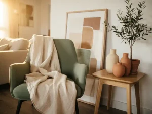 Gezellige huurwoning woonkamer met linnen plaid op fauteuil, keramische vazen en olijfboom op eiken bijzettafel, kunst tegen witte muur.