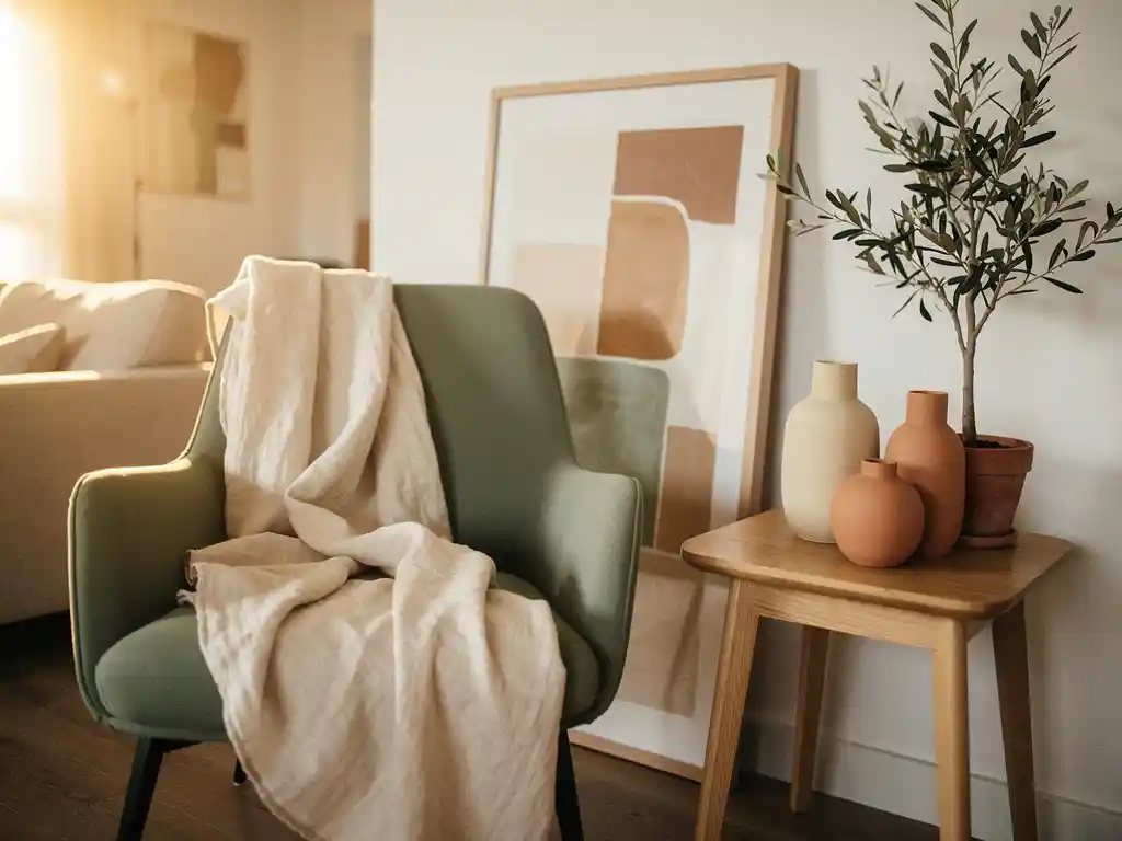 Gezellige huurwoning woonkamer met linnen plaid op fauteuil, keramische vazen en olijfboom op eiken bijzettafel, kunst tegen witte muur.