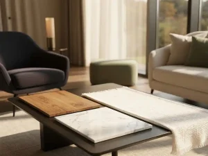 Woonkamerhoek met materiaalstalen van warm eiken, marmer en linnen op een designtafel, omgeven door contrasterende meubels in middaglicht.