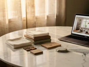 Interieurdesign moodboard met stofstalen op marmeren tafelblad naast laptop met kameropstelling, warme middaglichtsfeer in ivoor en saliegroen.