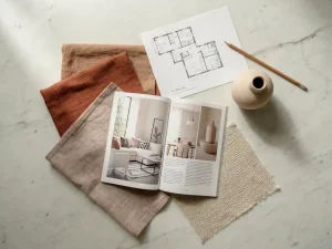 Interieurontwerp flatlay met linnenstalen, terracotta stoffalen, opengeslagen designmagazine, keramische vaas en plattegrondschets op marmeren ondergrond.