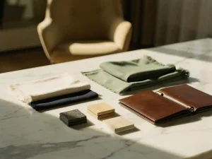 Stofstalen, materiaalmonsters en leren portfolio op marmeren ondergrond met Italiaanse designstoel op de achtergrond in warm middaglicht.