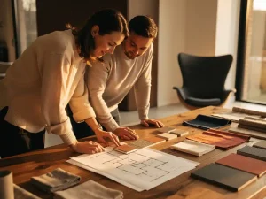 Interieurarchitect en klant bekijken samen materiaalstalen, stoffen en schetsplannen op een eiken werktafel in warm middaglicht.