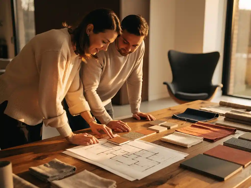 Interieurarchitect en klant bekijken samen materiaalstalen, stoffen en schetsplannen op een eiken werktafel in warm middaglicht.