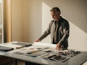 Interieurarchitect rolt materiaalbord uit op marmeren tafel, omringd door stoffen, verfstalen en meubelcatalogus in warm middaglicht.