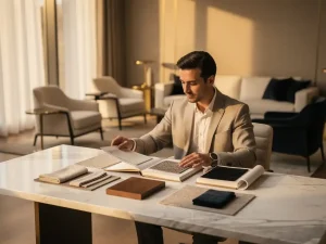Interieurarchitect bekijkt staalboeken en stoffenmappen op marmeren bureau naast elegante woonkamer met Italiaans maatwerk meubilair en messingaccenten.
