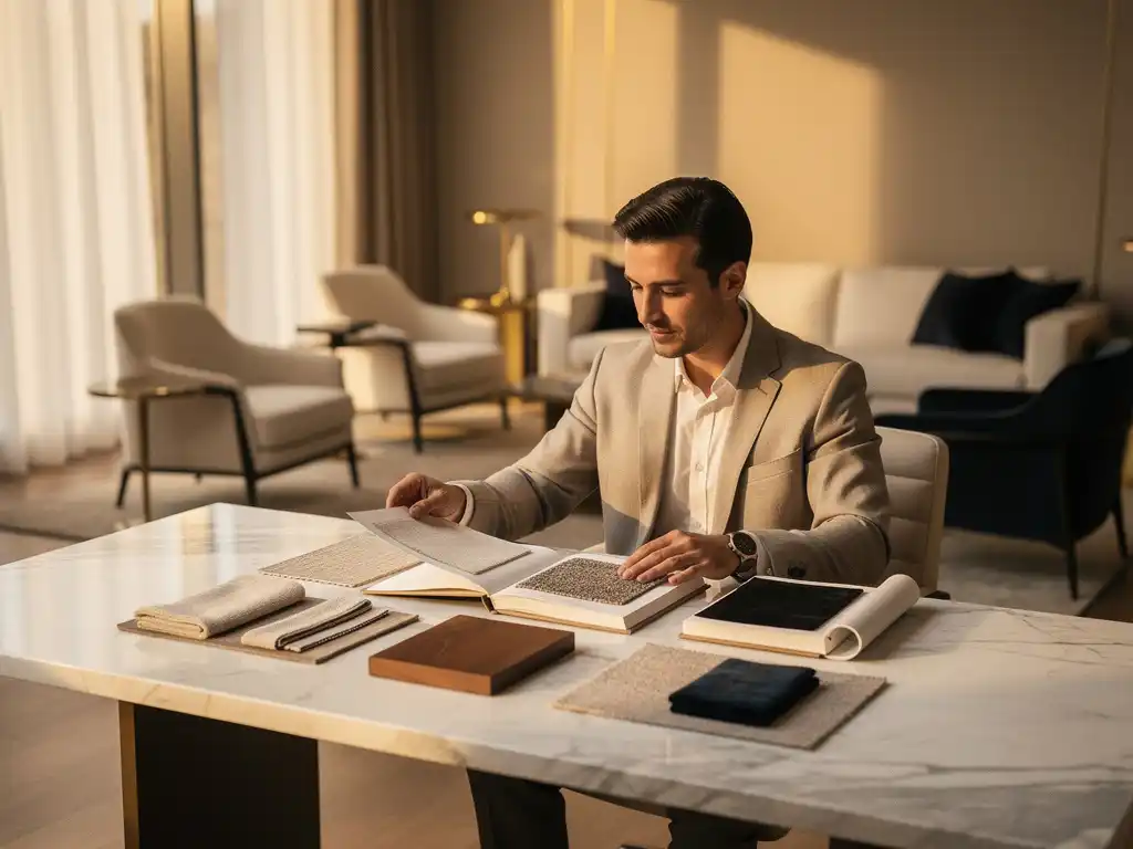 Interieurarchitect bekijkt staalboeken en stoffenmappen op marmeren bureau naast elegante woonkamer met Italiaans maatwerk meubilair en messingaccenten.