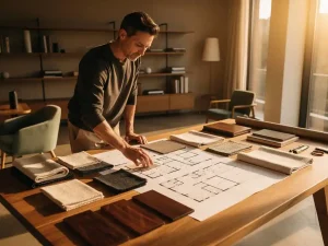 Interieurarchitect bestudeert materiaalstalen en handgetekende plattegronden op een eiken tekentafel in warm middaglicht.