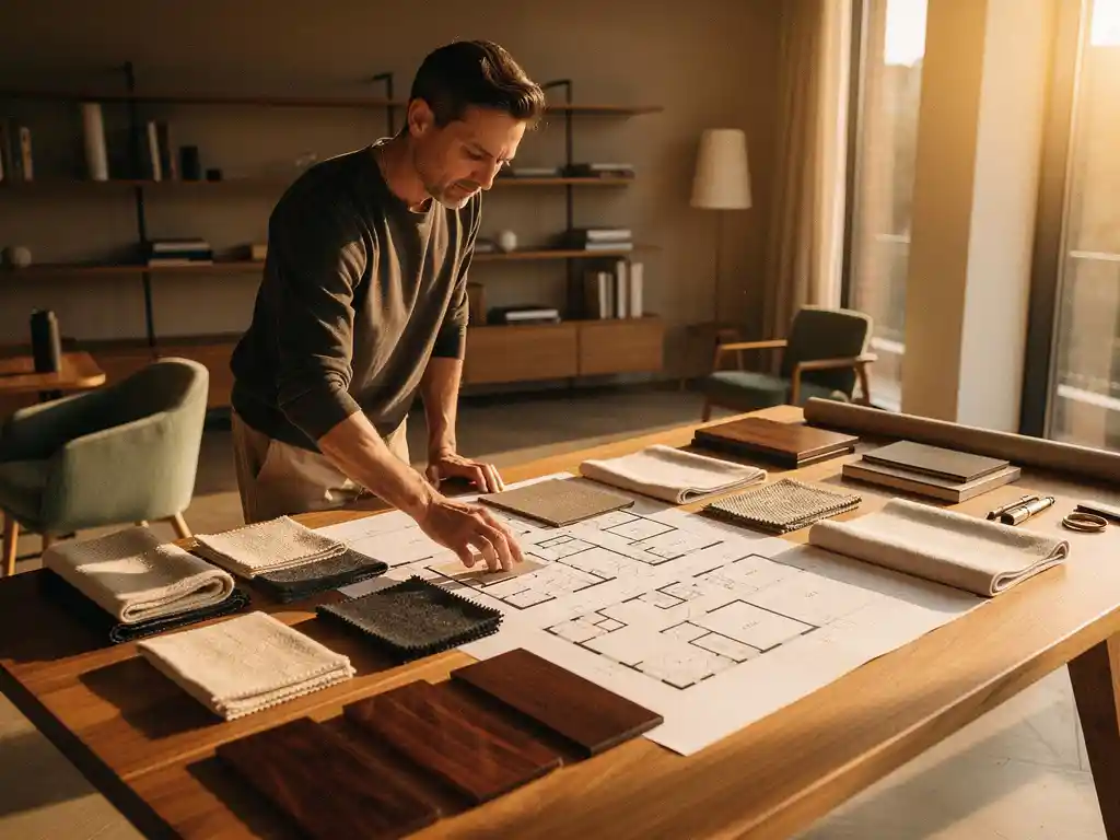 Interieurarchitect bestudeert materiaalstalen en handgetekende plattegronden op een eiken tekentafel in warm middaglicht.