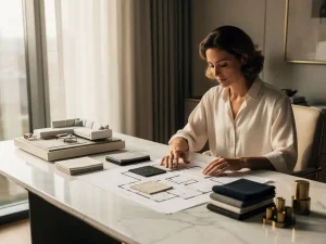 Interieurarchitect bestudeert stoffenstalen en plattegronden op marmeren bureau met schaalmodel en middaglicht.