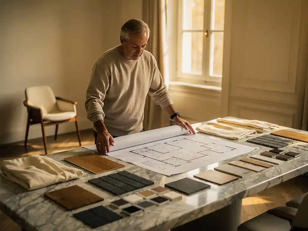 Interieurarchitect rolt gedetailleerde plattegrond uit op marmeren tafel, omringd door materiaalkeuzes en verfstalen in warm middaglicht.