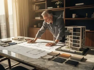 Interieurarchitect bestudeert handgetekende plattegronden op marmeren bureau met stoffalen, materiaalstalen en schaalmodel in warm daglicht.
