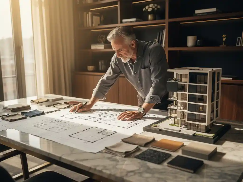 Interieurarchitect bestudeert handgetekende plattegronden op marmeren bureau met stoffalen, materiaalstalen en schaalmodel in warm daglicht.