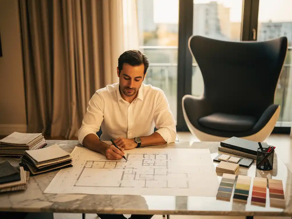 Interieurarchitect bestudeert handgetekende plattegronden op marmeren bureau met materiaalstalen en een sculpturaal Italiaans designstoel op de achtergrond.