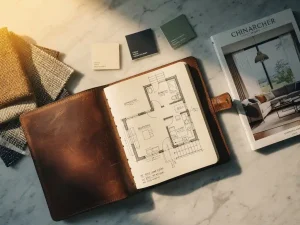 Versleten leren notitieboek met handgetekende plattegronden, naast stoffen stalen, verfkleurkaarten en interieurmagazine op marmeren ondergrond.