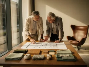 Senior interieurontwerper en klant buigen over eikentafel met stofstalen, materiaalmonsters en handgetekende plattegronden in warm natuurlijk licht.