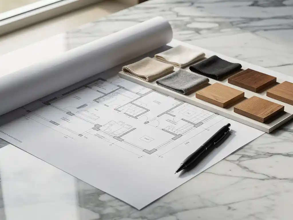 Architectonisch plattegrond op marmeren ondergrond met materiaalstalen, stoffen en houtfineer, en een potlood diagonaal geplaatst.