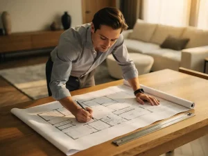 Interieurontwerper buigt over architectonisch plattegrond op eikenhouten tekentafel, met potlood en schaalliniaal, warm middaglicht.