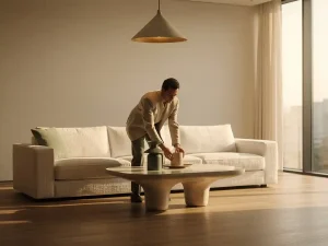 Interieurontwerper schikt sculptuurmeubels in lichte woonkamer met eikenhouten vloer, linnen bank en hanglamp in warme ivoor- en saliетinten.