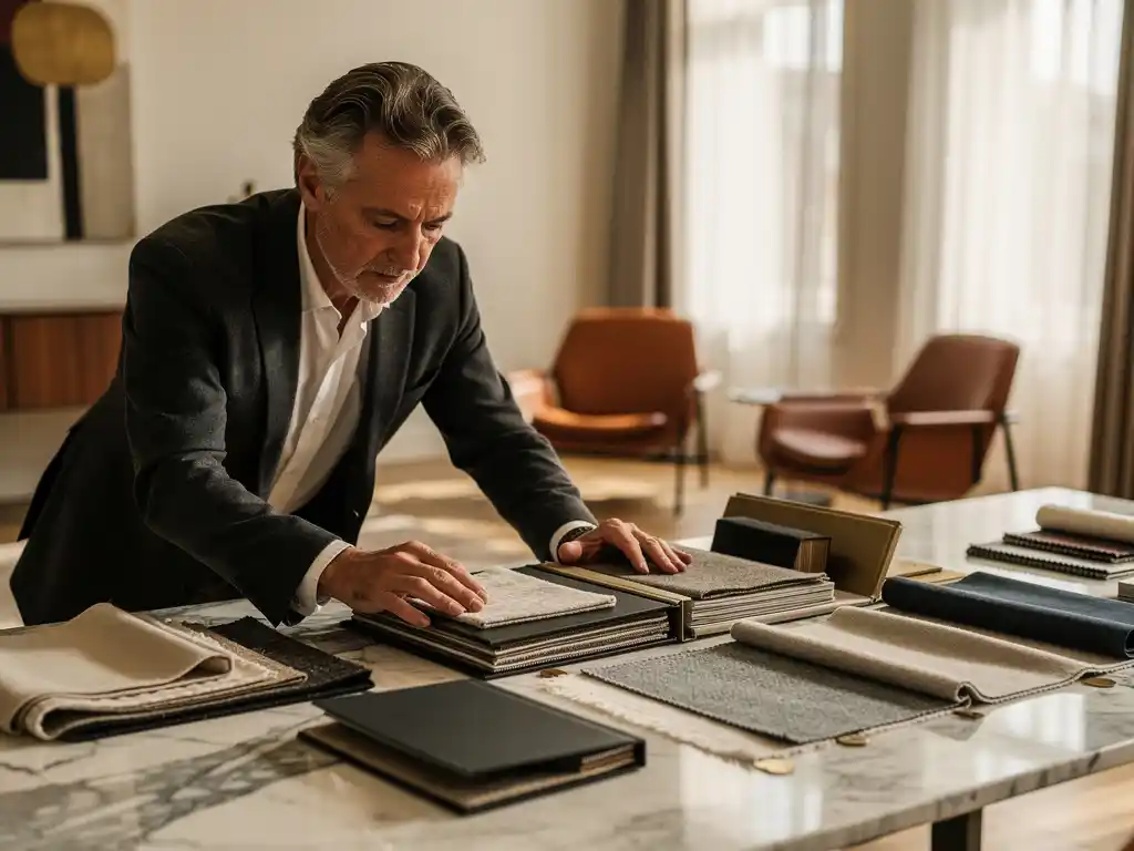 Interieurontwerper bekijkt stofstalen en materiaalkeuzes op een marmeren tafel in een stijlvol Den Haag-atelier.