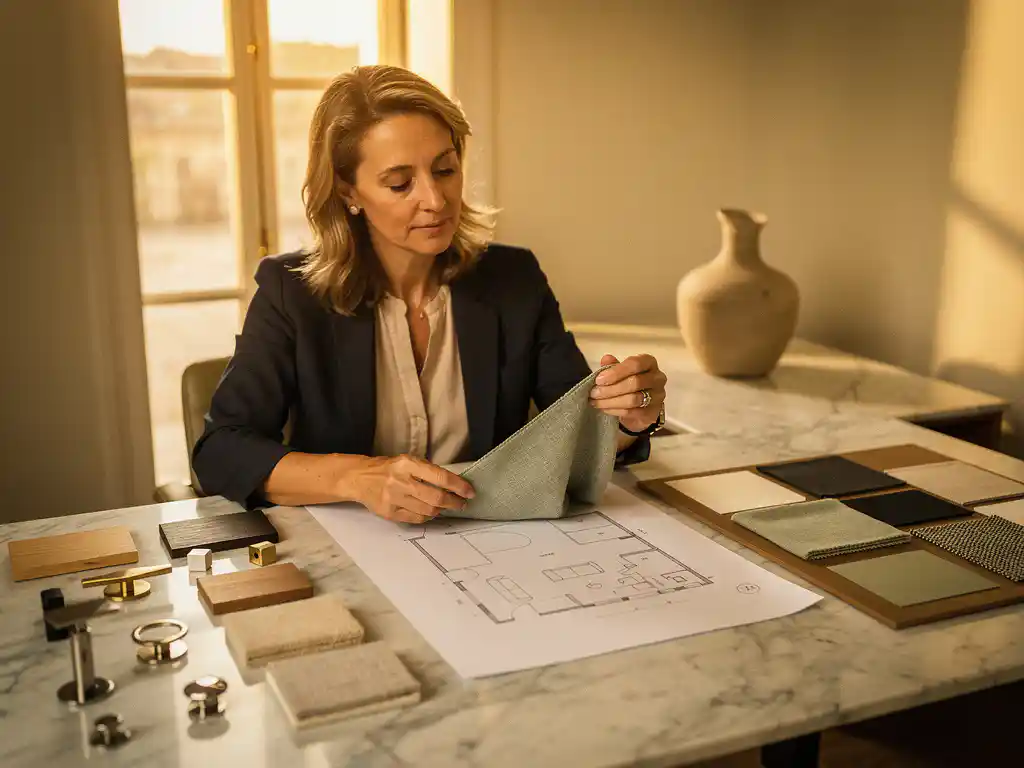 Interieurprofessional houdt stoffentaal naast plattegrondschets op marmeren tafel met Italiaanse meubelstalen en moodboard in warm gouden licht.