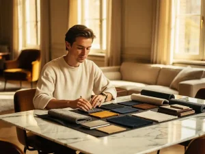 Interieurontwerper bekijkt stofstalen en materiaalmonsers op marmeren tafel in Den Haag studio met Italiaans design meubilair op achtergrond.