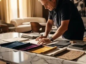 Interieurontwerper bekijkt premium stoffen en materiaaltalen op marmeren tafel in elegant showroom met Italiaans design meubilair.