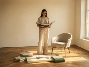 Interieurontwerper met staalboek in lichte woonkamer met visgraatparket, materiaalstalen en elegante stoel in warme natuurtinten.