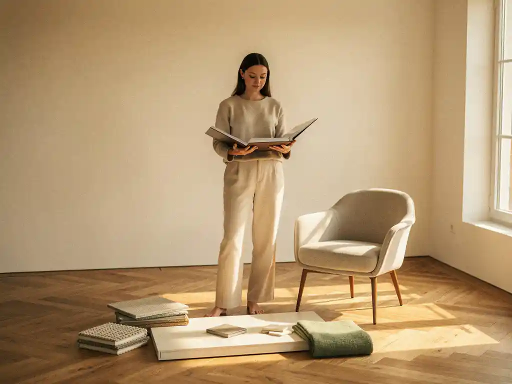 Interieurontwerper met staalboek in lichte woonkamer met visgraatparket, materiaalstalen en elegante stoel in warme natuurtinten.