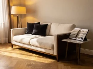 Premium Italiaanse linnen sofa in woonkamerhoek met designvloerlamp, visgraateikenhouten vloer en materiaalstalen op marmeren bijzettafel.