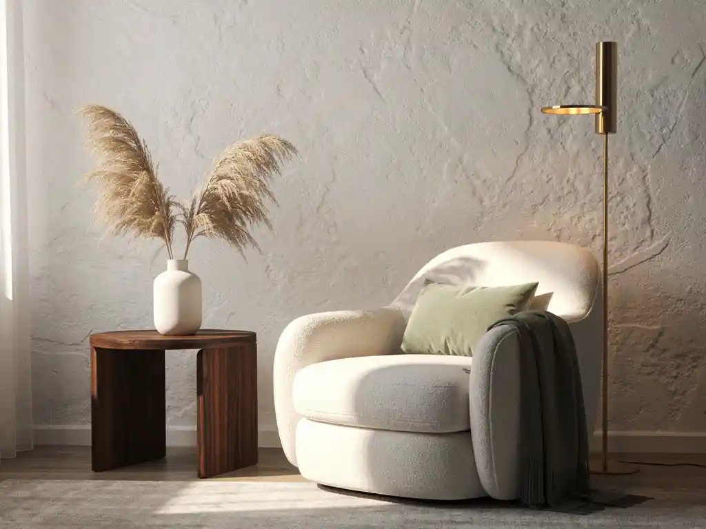 Italiaanse fauteuil in ivoren linnen naast een vloerlamp, met pampasgras in keramische vaas op walnoten bijzettafel in warm interieur.