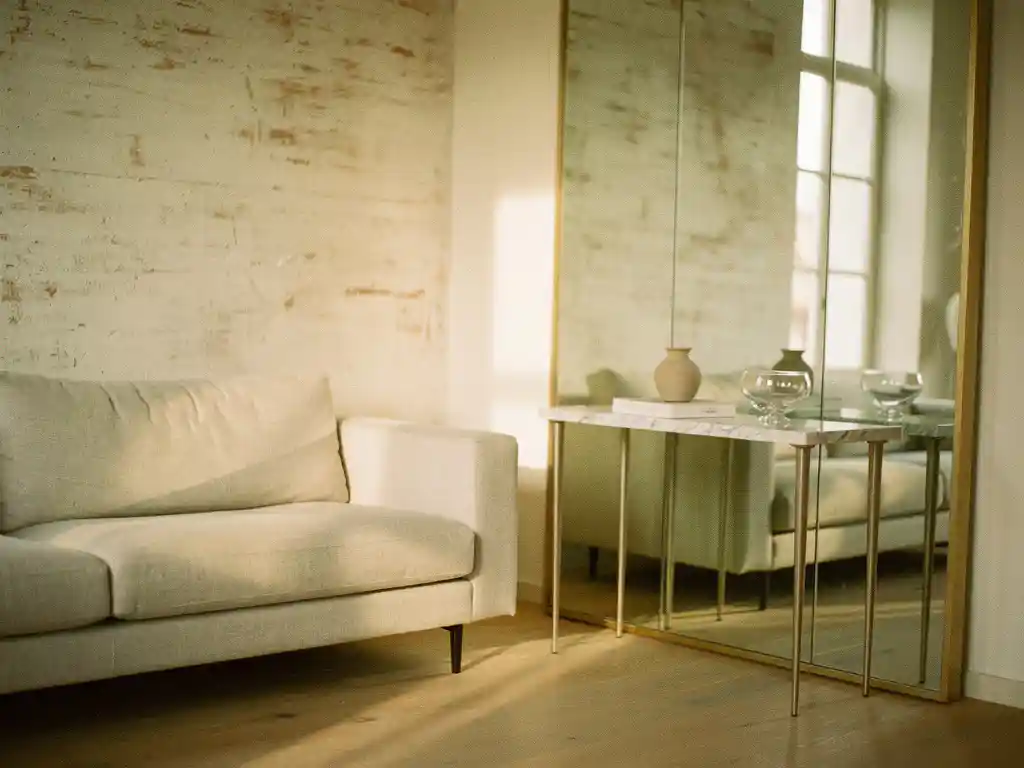 Compacte woonkamer met vloerspiegel die natuurlijk licht weerkaatst, linnen bank, marmeren sidetable en warme ivoor- en saliegroen tinten.