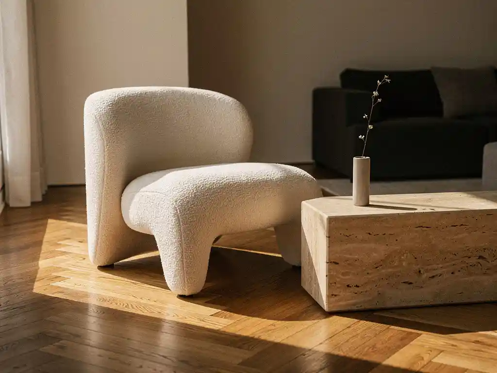 Sculpturele lounge chair in ivoor bouclé stof op eiken visgraatparket, naast een travertijnen bijzettafel met minimalistische vaas in zacht middaglicht.