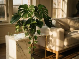 Monstera en pothos op marmeren bijzettafel in Nederlandse woonkamer met warm middaglicht en crème linnen bank.