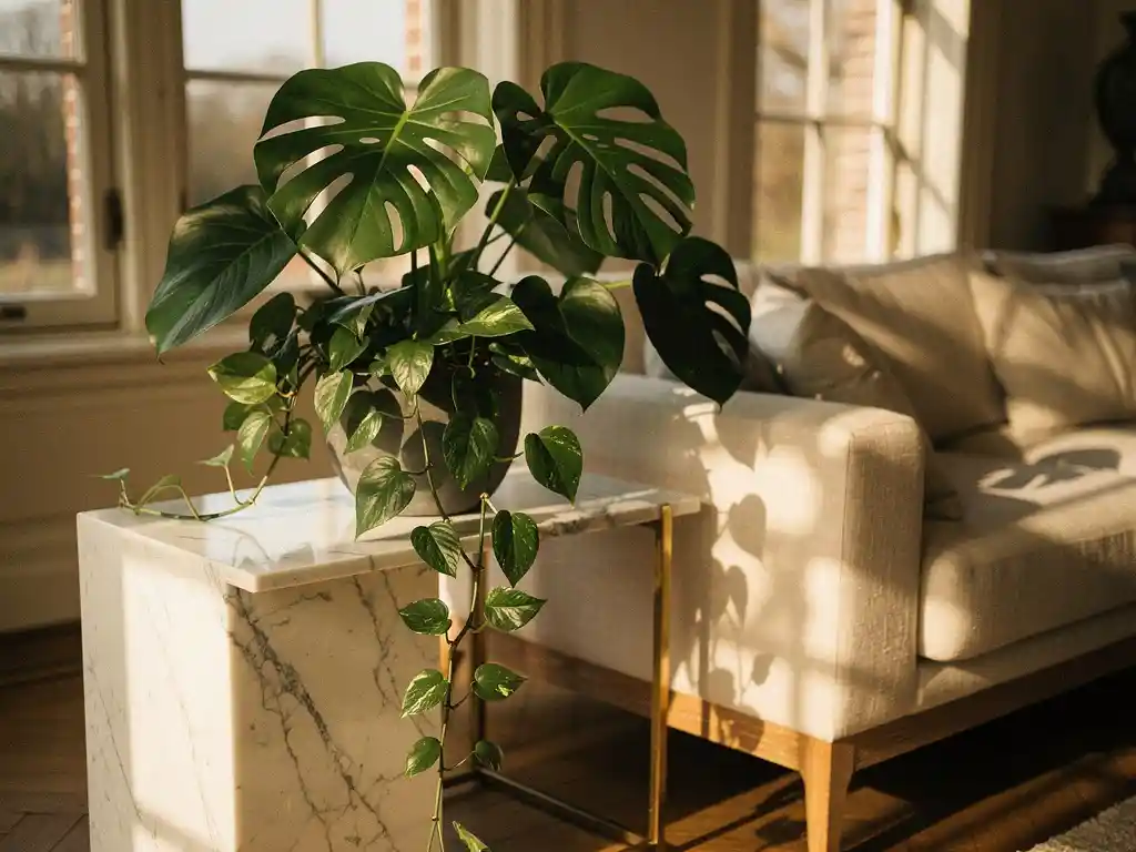Monstera en pothos op marmeren bijzettafel in Nederlandse woonkamer met warm middaglicht en crème linnen bank.