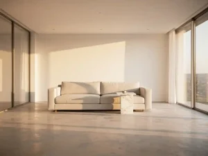 Lege nieuwbouwwoonkamer met betonnen vloer, linnen bank en marmeren bijzettafel in warm middaglicht.