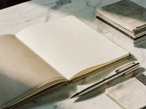 Open leren notitieboek met mechanisch potlood, linnen stofstalen en materiaalmonsters op marmeren ondergrond in warm natuurlijk licht.