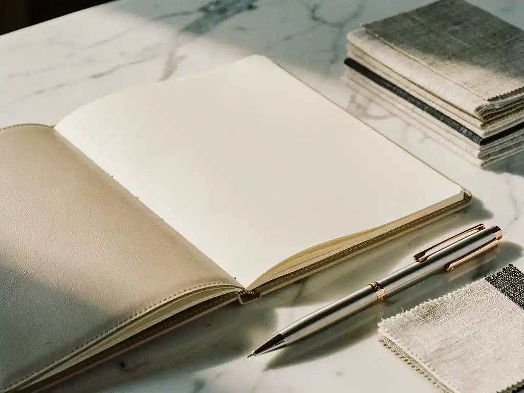 Open leren notitieboek met mechanisch potlood, linnen stofstalen en materiaalmonsters op marmeren ondergrond in warm natuurlijk licht.