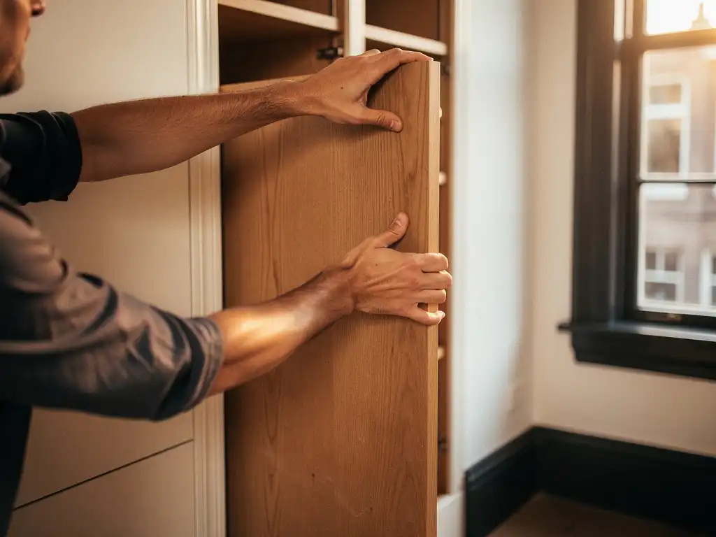 Ambachtsman plaatst op maat gemaakte eikenhouten paneel in ingebouwde vloer-tot-plafond kast in klassiek Nederlands grachtenpand.