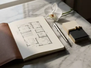 Opengeslagen leren schetsboek met handgetekende plattegrond op marmeren ondergrond, met mechanisch potlood, staalkaarten en witte orchidee.