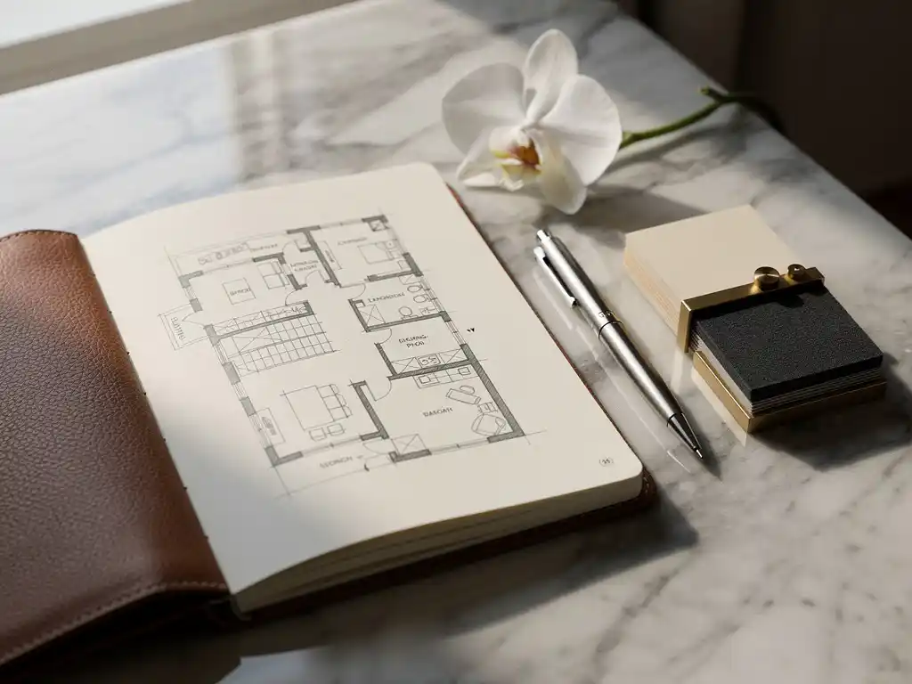 Opengeslagen leren schetsboek met handgetekende plattegrond op marmeren ondergrond, met mechanisch potlood, staalkaarten en witte orchidee.