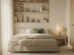 Compacte slaapkamer met linnen bed, ingebouwde wandplanken, keramieken lamp en zacht natuurlijk licht in ivoor- en saliegroen tinten.