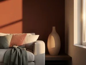Terracotta accentmuur in zonnige woonkamer met ivoren linnen bank, sculpturaal vaas en textiellagen in stoffig roze en salie.