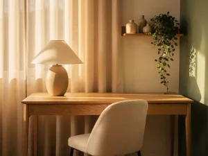 Hoekige thuiswerkplek met eiken bureau, sculptuurlamp, linnen stoel en keramieken decoraties in warme ivoor- en saliegroen tinten.