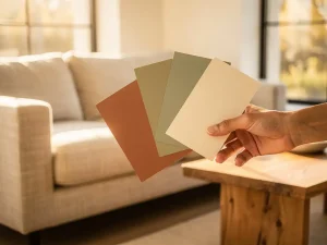 Hand met verfstalen in terracotta, saliegroen en warm ivoor, met een linnen bank en eiken bijzettafel op de achtergrond.