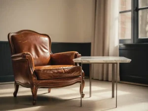 Vintage fauteuil met cognackleurig leer naast marmeren bijzettafel in een Haagse woonkamer, zacht middaglicht.